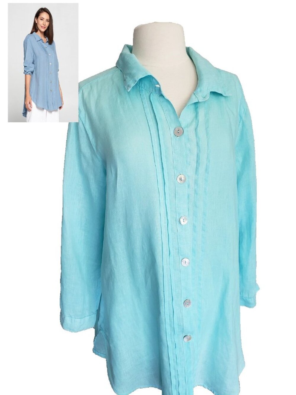 Match Point Linen Costal Beachy Oversized Pintuck Roll Sleeve Tunic Top